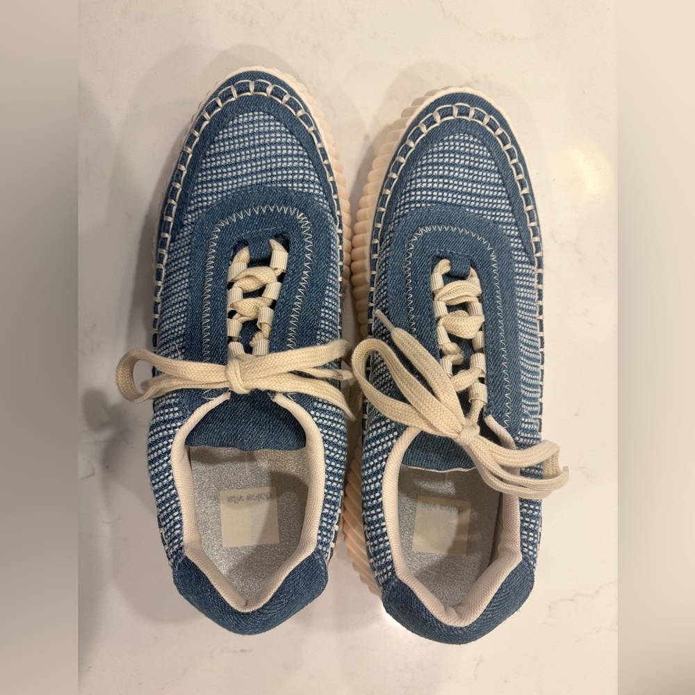 Dolce Vita Denim-Blue Knit Sneakers with Cream Laces